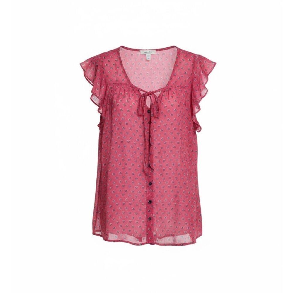 Delias Heart Print Flutter Sleeve Button Front Blouse Red Size Medium
